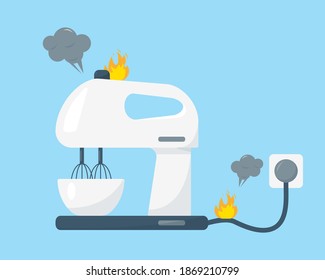 Broken white mixer with bowl isolated on blue background.Damaged household equipment needs repair. Household appliances repair service vector illustration.