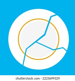 Broken white plate on a blue background. Three pieces of cracked shards. Great for falling plate logos. Vector illustration