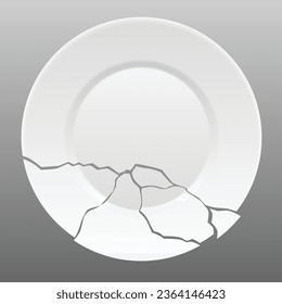 Broken white plate. Shattered food plate, cracked porcelain dish. Dishware with damage. Icon isolated on white background. Vector illustration