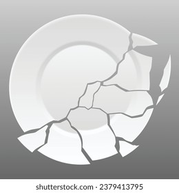 Broken white plate. Shattered food plate, cracked porcelain dish. Dishware with damage. Icon isolated on white background. Vector illustration