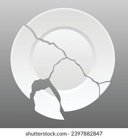 Broken white plate. Shattered food plate, cracked porcelain dish. Dishware with damage. Icon isolated on white background. Vector illustration