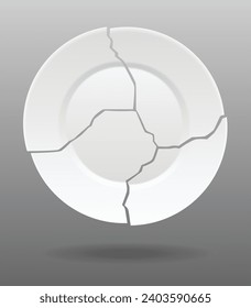 Broken white plate. Shattered food plate, cracked porcelain dish. Dishware with damage. Icon isolated on white background. Vector illustration