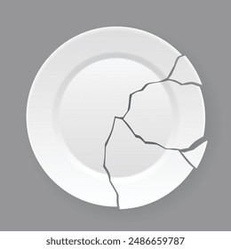 Broken white plate. Shattered food plate, cracked porcelain dish. Dishware with damage. Icon isolated on white background. Vector illustration