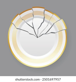 Broken white plate. Shattered food plate, cracked porcelain dish. Dishware with damage. Icon isolated on white background. Vector illustration