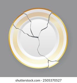 Broken white plate. Shattered food plate, cracked porcelain dish. Dishware with damage. Icon isolated on white background. Vector illustration