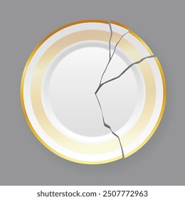 Broken white plate. Shattered food plate, cracked porcelain dish. Dishware with damage. Icon isolated on white background. Vector illustration