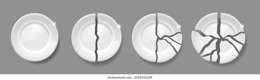 Broken white plates. Ceramic damaged dishes. Round tableware with cracks. Vector realistic illustration.