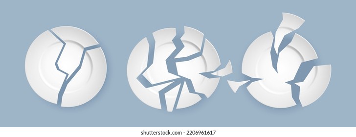 Broken white plates with damage. Realistic broken porcelain dishes with splinter pieces at gray background. Shuttered dishware set. Vector illustration