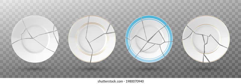 Broken white plates on transparent background. Vector realistic illustration