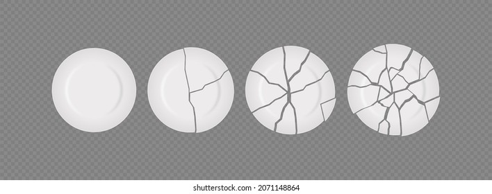 Broken white plates with varying degrees of damage and one whole plate mockup. Realistic broken porcelain dishes with splinter pieces at transparent background. Vector illustration.