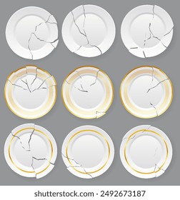 Broken white plates with varying degrees of damage and one whole plate mockup. Shattered food plate. Dishware with damage. Icon isolated on white background. Vector illustration