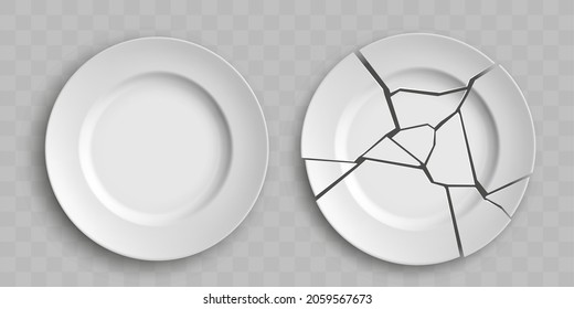 Broken white porcelain plate. Template is isolated on transparent background. Vector mockup