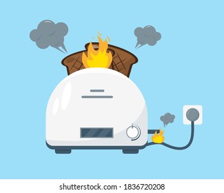 Broken white toaster with fire and smoke and burnt pieces of bread on blue background. Vector illustration.