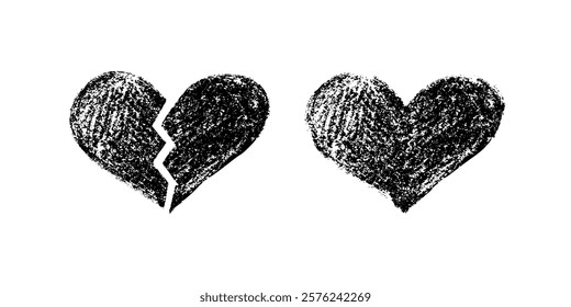 Broken and whole black crayon hearts on white background in textured style

