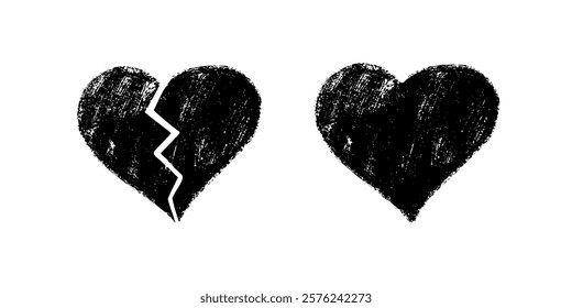 Broken and whole black crayon hearts on white background in textured style

