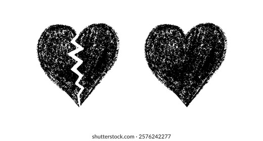 Broken and whole crayon hearts on white background in textured style

