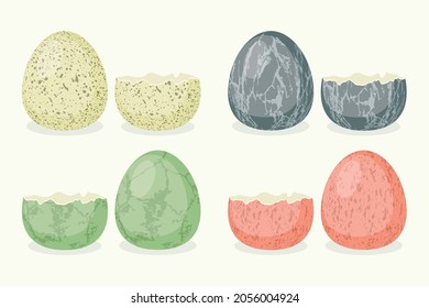 Juego de íconos de huevo texturado rotos y con todo el casco aislado en blanco. Huevos de dinosaurios, niño, ilustración infantil, impresión para niños, tarjeta, plantilla de diseño, cliente