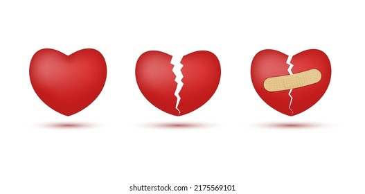 Pegamento de corazón roto y completo con cinta adhesiva ilustración de vector realista. El rojo de moda San Valentín amor y divorcio separación rajó la disolución. Dificultades en las relaciones románticas humanas