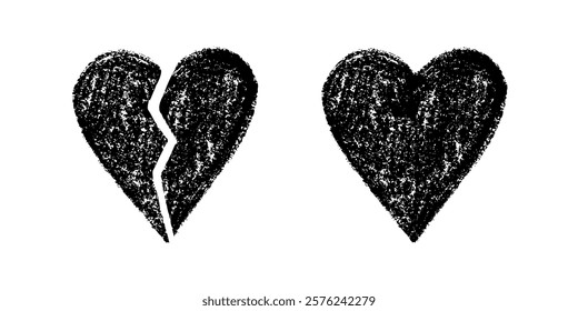 Broken and whole heart grunge black and white illustration
