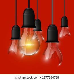 Broken & whole light bulb illuminated, realistic idea illustration. Stylish fractured light bulb conceptual digital idea design background, exploded unbroken light bulb banner