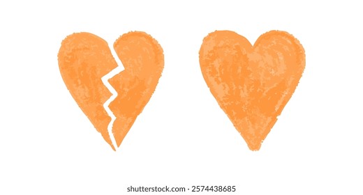 Broken and whole orange crayon hearts on white background in textured style

