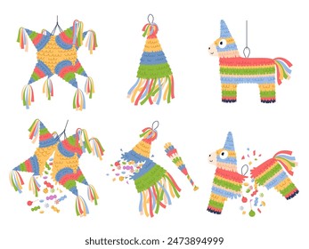 Broken and whole pinatas. Mexican traditional party decorations, kids paper toys with confetti, candies, carnival holiday shapes, celebration cartoon flat style isolated vector set