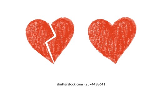 Broken and whole red crayon hearts on white background in textured style

