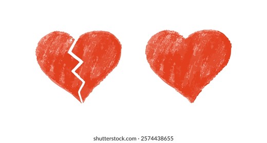 Broken and whole red crayon hearts on white background in textured style

