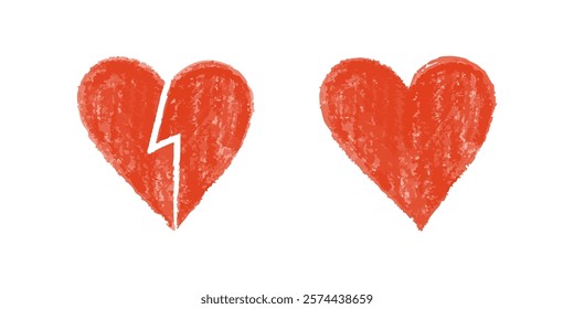 Broken and whole red crayon hearts on white background in textured style

