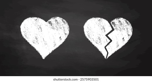 Broken and whole red crayon hearts on black background in textured style

