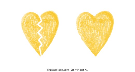 Broken and whole yellow crayon hearts on white background in textured style

