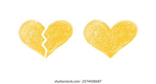 Broken and whole yellow crayon hearts on white background in textured style

