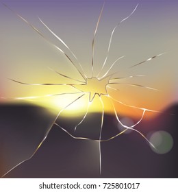 Broken window with blurred sunset or sunrise scene outside and light rays passing through cracked glass realistic vector illustration. Destroying obstacles, breaking limitations, new vision concept