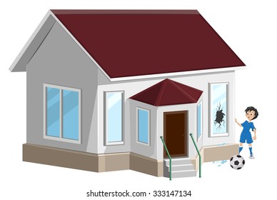 Broken Window. Boy Soccer Player Ball Broke Window. Home Insurance. Isolated On White Vector Illustration