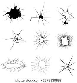 Broken window or bullet hole Vector illustration. Cracks icon set. Different shaped fractures.