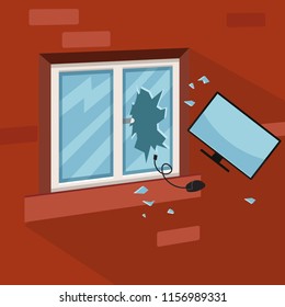 broken window, computer mouse and screen