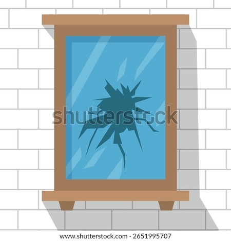 Broken window with crack on glass isolated on white background