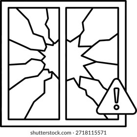 Broken Window with Cracks and Warning Symbol