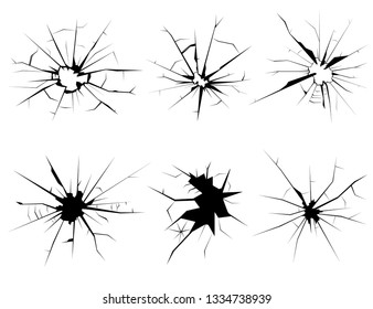 Broken Window Different Black Cracks Set Glass after Crash, Bullet, Destruction or Vandalism. Vector illustration of Crack