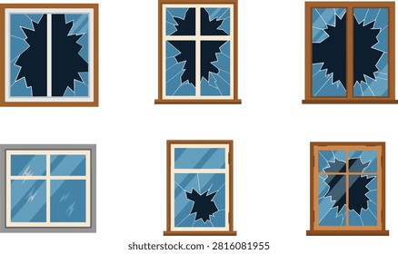 Broken Window Glass Damage Set with Cracked and Shattered House Window Frames Isolated Flat Vector Illustratio