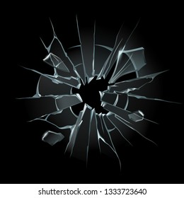 Broken Window Glass. Broken Windshield, Shattered Glass Or Crack Windows. Shards Of Computer Screen Or Cracked Shattered Mirror. Bullet Hole 3D Isolated Vector Illustration Set