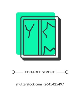 Broken window offset shadow line icon. Abandoned building part. Vandalism problem. Property damage risk. Bold outline symbol with solid green fill. Modern flat illustration. Editable stroke
