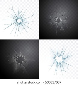 Broken window pane or door cracked hole realistic transparent glass isolated on daylight and darknight background svg