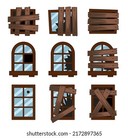 Broken windows covered by wooden planks vector illustrations set. Cartoon drawings of old windows in frames from wood on white background. Damage, safety, security, furniture protection concept