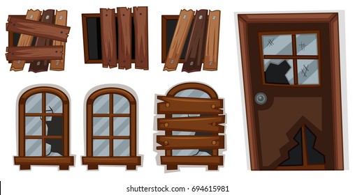 Broken windows and door illustration