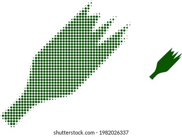 Zerbrochene Weinflasche halb gestrichen Symbol Illustration. Halftone Muster enthält Kreispunkte. Vektorgrafik einer zerbrochenen Weinflasche Symbol auf weißem Hintergrund.