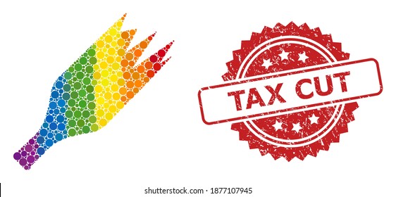 Broken Weinflasche Mosaik-Symbol aus gefüllten Kreiselementen in verschiedenen Größen und LGBT-farbigen Tönen, und Tax Cut gekratzte Rosette-Siegel. eine gepunktete LGBT-farbige Broken-Weinflasche für Lesbier,