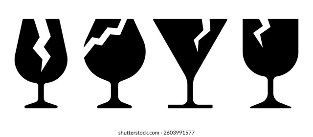 Broken wine glass silhouette fragile icons isolated white background for logistics packaging and transportation of goods