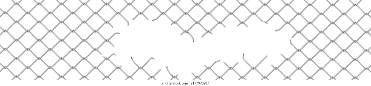 Broken Wire Fence, Rabitz Or Chain Link. Vector Background Of Ripped Metal Mesh, Steel Grid Or Net With Hole And Wire Cuts In Center, Damaged Safety Border, Freedom Concept, Realistic 3d Illustration