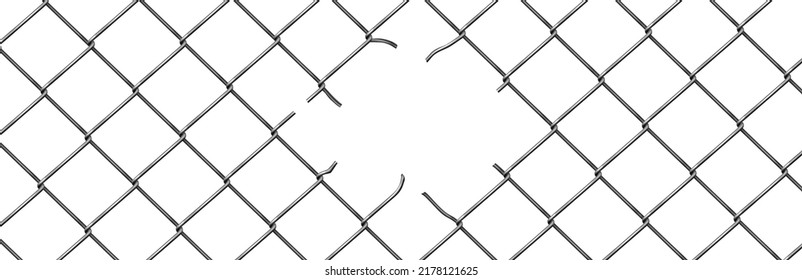 Broken Wire Fence, Rabitz Or Chain Link. Vector Background Of Ripped Metal Mesh, Steel Grid Or Net With Hole And Wire Cuts In Center, Damaged Safety Border, Freedom Concept, Realistic 3d Illustration